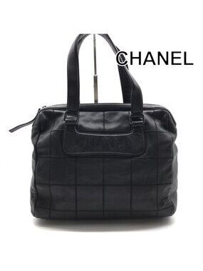 Chanel Choco Bar Leather Boston Hand Bag Shoulder Black Silver Bag
